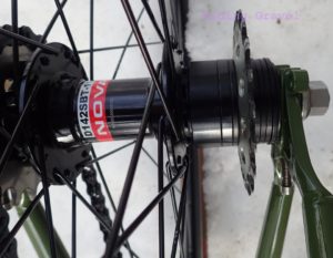 Shot showing the freehub, spacers, and single speed cog