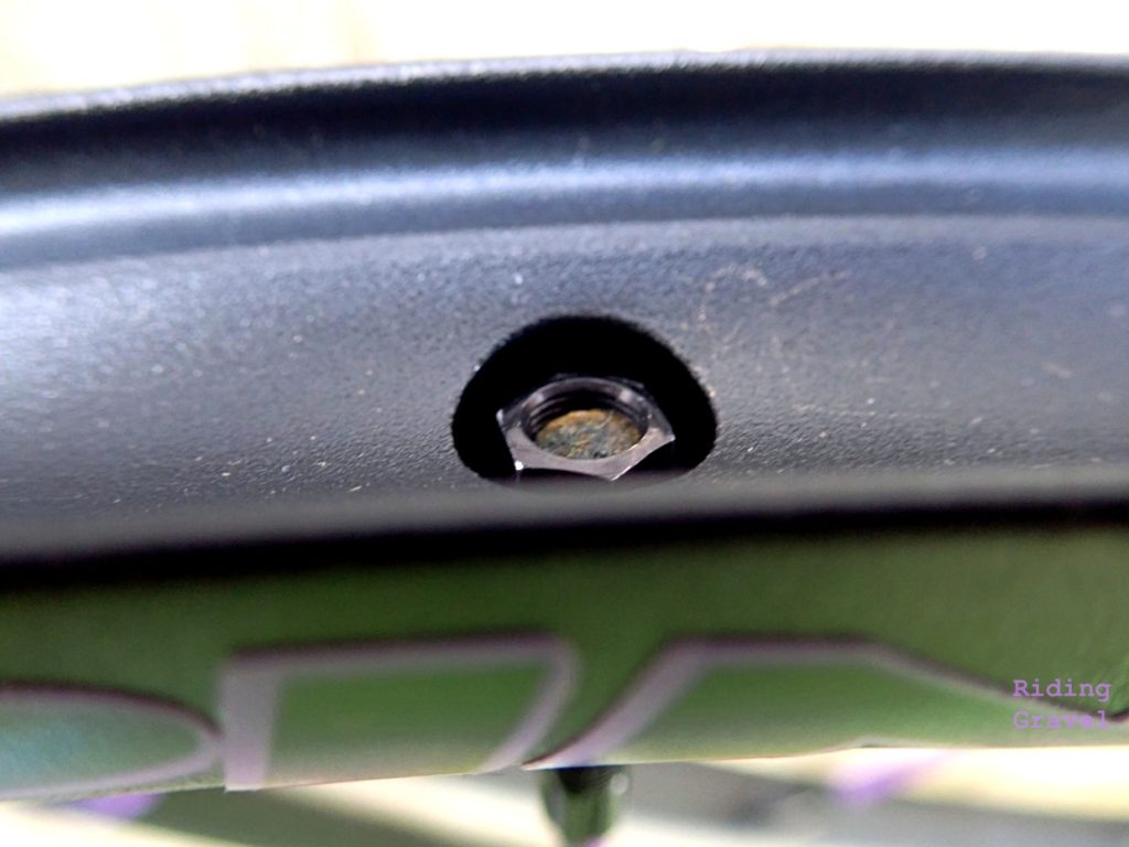 Inner rim well and view of spoke nipple on the Spinergy GX wheel